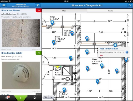 Abb. 5 Werden fest­gestellte Mängel konsequent bebildert und auch im Plan ­eingetragen und ­verwaltet, ist auch ein visuelles Baumängel-Controlling möglich. - © DRS DefectRadar
