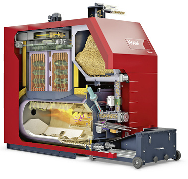 

Abb. 4

 Der Pellet-Heizkessel BioLyt (160) ist für den automatisierten Betrieb mit minimalem Wartungsaufwand optimiert. Er verfügt über eine vollautomatische Vakuum-Pellet-Befüllung mit Vorratsbehälter im Heizkessel und eine automatische mechanische Reinigungsvorrichtung. Alle beweglichen Teile (Brennstoffmechanik, Schnecken zum Ascheaustrag, Gebläse) liegen außerhalb des heißen Brennraums. Die kompakte Konstruktion hat etwa die Abmessungen von Öl-Niedertemperaturheizkesseln im Bestand. 

