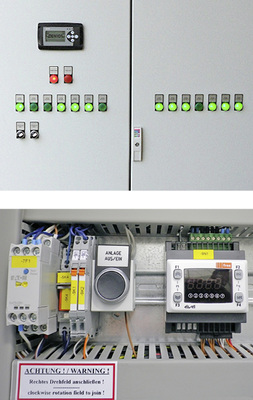 






3
 Schaltschrank im Eingangsbereich der Containeranlage mit Kontrolleinheiten für jeden der insgesamt 17 Container. Oben in der Schaltschrankfront befindet sich das Bedien-Terminal von Eliwell. Der Free-Smart-Regler steuert die Klimasysteme in den Gefahrgutcontainern. 
