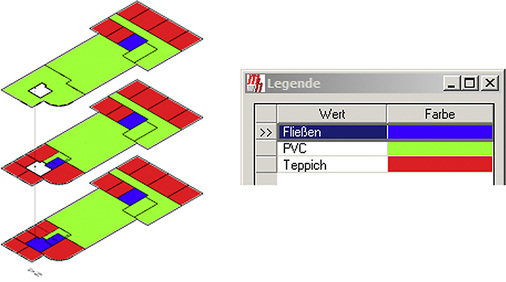 <p>
</p>

<p>
<span class="GVAbbildungszahl">2</span>
 Beispiel für die Nutzung von Mini-FM: Grafische Analyse der Bodenbeläge zur Kalkulation von Reinigungskosten. 
</p> - © Bild: mh-software

