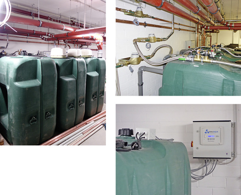 



4
 Grauwasseranlage im Technikraum des Untergeschosses mit 3 × 2000 l Fassungsvermögen; flexible Anschlussleitungen mit Wasserzähler zu den Verbrauchsstellen beziehungsweise der Trinkwassernachspeisung; Steuergerät für die Grauwasseranlage 
