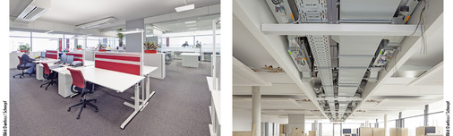 
3
 Die Grundtemperierung des Gebäudes erfolgt über eine Betonkernaktivierung, die Spitzenlasten werden im Erdgeschoss über Induktionsauslässe (links) und im Obergeschoss mit Heiz- und Kühldecken abgefahren. Über ein 4-Leiter-System und druckunabhängige Abgleich- und Regelventile mit Stellantrieb ist eine Zonen-individuelle Regelung möglich. 
