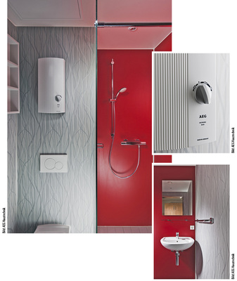 
3
 Klein und doch geräumig, vor allem jedoch hochwertig ausgestattet sind die Fertigbäder. Die Farbgestaltung in Rot und Grautönen setzt Akzente. Die Trinkwassererwärmung übernimmt ein elektronischer Durchlauferhitzer. Die Temperatureinstellung beim DDLE Basis erfolgt stufenlos, selbsterklärende Anwendungssymbole vereinfachen die Temperaturwahl. 
