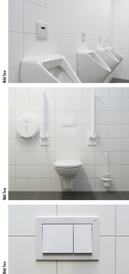 
3
 Die Urinalelektroniken sind mit einem Autofokussensor ausgestattet. Das spart Wasser – und sorgt zugleich für mehr Hygiene. Das Gerontomodul von Tece ist seriell mit Vorrichtungen für Stützklappengriffe ausgestattet. Die robuste Betätigungsplatte Tecebase im eckigen Design eignet sich besonders für den öffentlichen Bereich.
