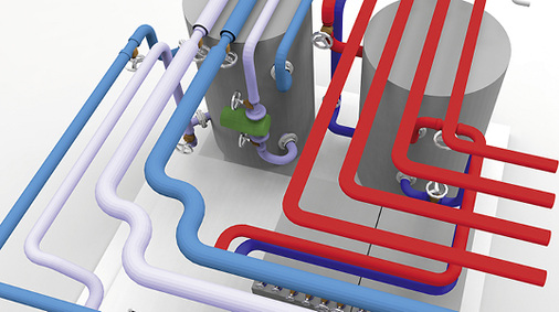 <p>
</p>

<p>
<span class="GVAbbildungszahl">4</span>
 Ausschnitt aus der DDS-CAD-Planung: Die Verrohrung des BHKW und der fünf Adsorptionskälteanlagen. 
</p> - © Bild: WBT Vertriebs GmbH

