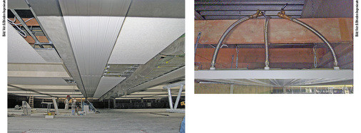 
3
 Während der Bauphase: Die Decke neben dem Strahlband wird nach und nach geschlossen, ein Teil der metallischen Unterkonstruktion ist noch sichtbar. Die Anbindung der Strahlplatten erfolgte mit flexiblen Anschlüssen. Rechts und links sitzen die Vorlauf-Anschlüsse, in der Mitte befindet sich der Rücklauf. 
