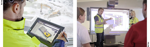 
4
 Über mobile Endgeräte auf der Baustelle ist das aktuelle BIM-Modell mit allen Einzelheiten jederzeit verfügbar; die Bauleitung arbeitet mit Smartviewer. Im Bild ein BIM-Modell in 
Tekla BIMsight
 auf dem Smartboard. 
