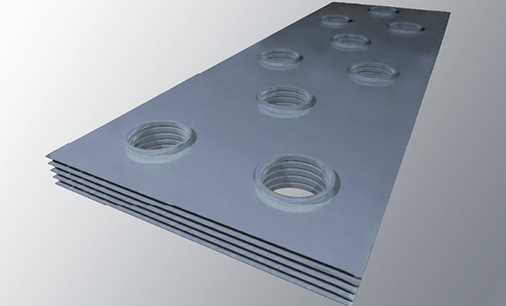 
4
 Konventionelle Lamellen eines berippten Wärmeübertragers mit sechs Rohrreihen in versetzter Rohranordnung mit Ansicht auf die Eintrittskante. 



