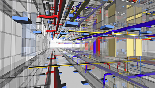 <p>
</p>

<p>
<span class="GVAbbildungszahl">4</span>
 3D-Ansicht eines Gebäudes mit Belüftung, Beleuchtung und Elektrotrassen. Kollisionen der Gewerke werden bisher oft erst in der Bauphase entdeckt. Die Kosten für nachträgliche Änderungen können bis zu 10 % der Bausumme betragen. Oft führen sie auch zu Verzögerungen. 
</p> - © Bild: Plancal

