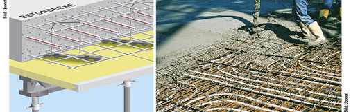 
3
 Thermische Bauteilaktivierung mit dem System Contec für die Ortbetonausführung. Die vorgefertigten Rohrregister werden an die obere Bewehrung der Betondecke gehängt. Das robuste PE-Xa Rohr wurde speziell für den Einsatz im rauen Baustellenbetrieb entwickelt. 
