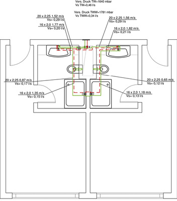 



6
 Die Dimensionierung der Ringinstallation erfolgt nach dem Hardy-Cross-Verfahren. Die Teilstrecken-Volumenströme zeigen eine sehr gleichmäßige Volumenstrom-Aufteilung im gesamten Ring. 
