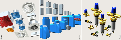 
2
 TGA-Komponenten (Beispiele im Bild: Trox, Buderus, JRG) werden direkt aus einer integrierten Datenbank in den jeweiligen Räumen positioniert und mit einem 3D-Strichplan verbunden. Die VDI-3805-Schnittstelle gewährleistet die direkte Bereitstellung von Bauteildaten. 
