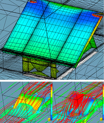 



9
 Auch einzelne haustechnische Komponenten, hier Solarmodule, lassen sich strömungstechnisch überprüfen. Windströmungs-Analysen von vorn und von hinten zeigen die Schwachstellen. 
