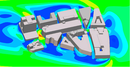 <p>
</p>

<p>
<span class="GVAbbildungszahl">1</span>
 Die CFD-Analyse mit anschließender Visualisierung von Gebäudeumströmungen zeigt Problemzonen für Fußgänger im Außenbereich auf.
</p> - © Numeca Ingenieurbüro

