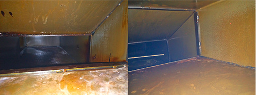 



3
 Abluftkanal vor (links) und sechs Monate nach der Reinigung der Abluft mit Ozon (rechts). Es wurde nicht nur die weitere Versottung gestoppt, sondern auch ein Teil der Anhaftungen abgetragen.
