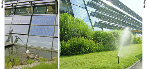 
3
 Solar-Fabrik Freiburg, offene Wasserfläche mit Regenwasser, gespeist aus der Zisterne zur Verdunstungskühlung und als Spiegelteich für die Photovoltaik in der Fassade. Die automatische Bewässerung der Außenanlagen wird mit Regenwasser aus der Zisterne gespeist. 
