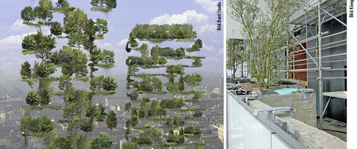 
5
 Visualisierung: Ein Hektar senkrecht gestapelter Wald (Bosco Verticale) im Zentrum von Mailand. Pflanztrog als Balkonbrüstung in der 14. Etage während der Bepflanzung im Februar 2013. Niedere Gehölze und Bodendecker wurden nachträglich eingesetzt. 
