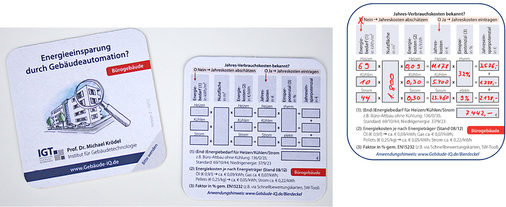 <p>
</p>

<p>
<span class="GVAbbildungszahl">3</span>
 Wenn’s schnell gehen muss, reicht ein Bierdeckel aus, um das Energieeinsparpotenzial eines Bürogebäudes durch eine Gebäudeautomation abzuschätzen. 
</p> - © IGT, Rosenheim

