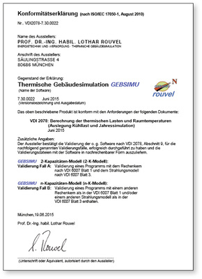 <p>
</p>

<p>
<span class="GVAbbildungszahl">6</span>
 Um die Qualität der Berechnungsergebnisse sicherzustellen, fordert die VDI-Richtlinie 2078 zwingend die Validierung der Software durch vorgegebene Beispiele und eine Konformitätserklärung. 
</p> - © VDI

