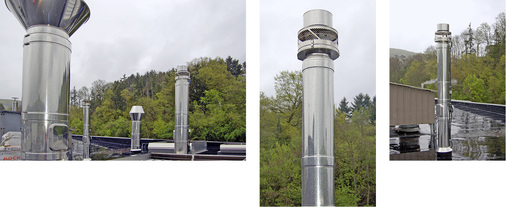 
4
 Vier Abgasanlagen wurden über Dach ge-



führt, zwei mit Rauchsaugern versehen, zwei 



mit Deflektorhauben. Auf der 350-mm-Abgasanlage wirkt der 350er-Diajekt fast zierlich. Die Montage erfolgt über entsprechende Einschubadapter. 




