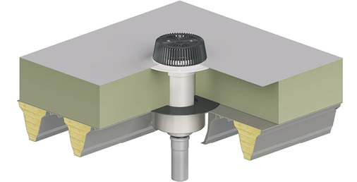 
3
 Der Metallkörper des Brandschutzelements wird in den Ausschnitt im Trapezblech eingehängt und mit zugehörigen Blechschrauben befestigt. Mit dem Flachdachentwässerungs-Sortiment kann nahezu jede Dachbahn und jede Art von Wärmedämmung berücksichtigt werden – im abgebildeten Einbau-Beispiel mit dem in das Brandschutzelement eingesetzten Dachablauf, einem Aufstockelement und einem Laubfangkorb. 



