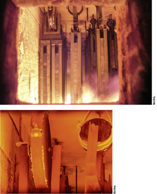 
4
 Durch Sichtfenster im Ofen kann der Versuch beobachtet und dokumentiert werden. Bei einer Versuchsdauer von bis zu 90 min werden im Ofen Temperaturen über 1000 °C erreicht. Der Stahl fängt an zu glühen, wird weich und verformt sich.
