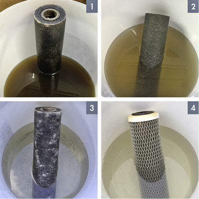 
8
 Der Weg von der Dreckbrühe zu klarem Heizungswasser in einem 2005 errichteten, über Flachheizkörper beheizten Einfamilienhaus (200 m
2
). Vor der Kesselmodernisierung wurde eine Heizungswassersanierung durchgeführt, um die neue Anlage vor alten Ablagerungen zu schützen und um vorhersehbaren Nacharbeiten vorzubeugen. 



