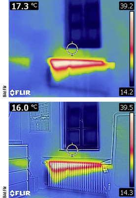 
9
 Zusatzfunktionen, wie die intelligente Überlagerung von visuellem und IR-Bild, verbessern den Kontrast und die Orientierung im Bild (IR-Auflösung 80 × 60, ohne / mit MSX, Flir). 
