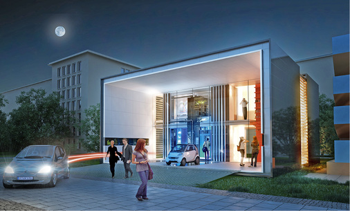 
10
 Außenansicht des ersten, bundeseigenen „Effizienzhaus Plus mit Elektromobilität“, 2011 [18].



