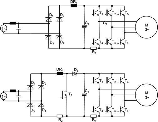 <p>
</p>

<p>
<span class="GVAbbildungszahl">3</span>
 Oben ist das Prinzipschaltbild einer Kommutierungselektronik für einen 3-strängigen EC-Motor mit passiver PFC und unten für eine Kommutierungselektronik mit aktiver PFC als Boost-Konverter zu sehen. 
</p> - © ebm-papst Mulfingen

