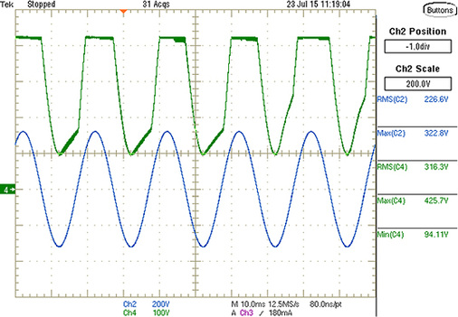 



5
 Spannung zwischen U
ZWK
+ und PE bei einem Inverter mit aktiver PFC als Boost-Konverter. Ch
2
 (blaue Messkurve) zeigt die sinusförmige Eingangsspannung, Ch
4
 (grüne Messkurve) die Spannung zwischen U
ZWK
+ gegen PE. 
