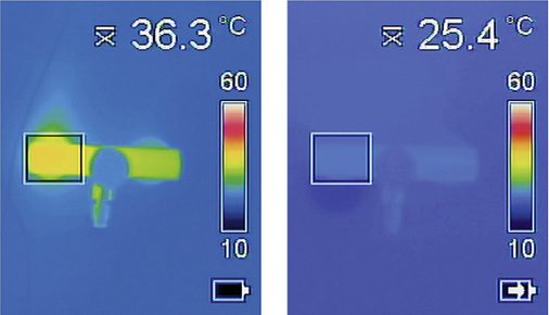 <p>
<span class="GVAbbildungszahl">10</span>
 Die Erkenntnisse aus den Versuchen wurden bereits in Produktlösungen übertragen. Die anschlussfertigen Hygieneboxen von Tece führen die Warmwasserleitung oberhalb der Warmwasserwandscheibe. Die gedämmte und montagefertige Hygienebox gibt es einzeln für den Warmwasseranschluss, als Montageeinheit mit Doppelwandscheibe für den Kaltwasseranschluss und als Sanitärmodul für das Teceprofil-Trockenbausystem. Zwei Thermografien zeigen etwa 45 min nach einem Zapfvorgang den Unterschied, links Installation mit Zirkulation durch die Doppelwandscheibe und rechts mit der Hygienebox.
</p>

<p>
</p> - © Tece

