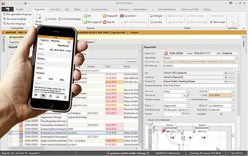 <p>
</p>

<p>
<span class="GVAbbildungszahl">6</span>
 Baudokumentationslösungen bestehen meist aus einer mobilen Erfassungs-App und einer stationären Büro-Auswertungs-software.
</p> - © Gripsware Datentechnik

