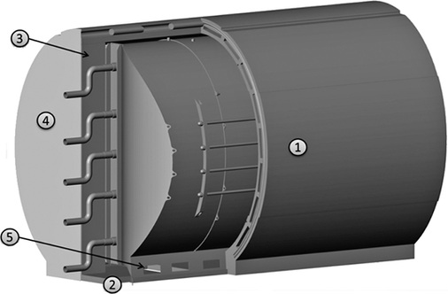 



3
 Aufbau des Wärmedämmsystems: Mantelschalen (1) aus Neopor mit Schlitzen für VIP-Einschübe, Bodendämmplatten (2) aus Neopor in der Standardausführung, Vliesdämmung (3) an den Stirnseiten, abgeschlossen durch eine PS-Hülle (4); der Behälter steht zur Reduzierung der Wärmeverluste zum Boden auf Kunststofffüßen (5). 
