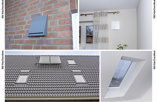 
3
 Wandlüfter von außen und innen (oben). Die Fensterlüfter von Velux fallen außen kaum auf, sind von innen gar nicht zu sehen und beschränken die Möblierung nicht.
