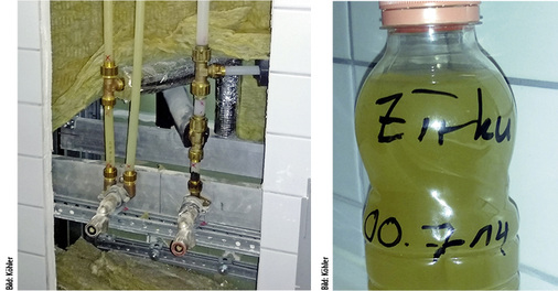 
4
 Teilansicht der Zirkulation bis zur Zapfstelle eines sogenannten Hygienesystems. Nach dem Abschneiden der Zirkulationsleitung wurde diese mit Trinkwasser (ohne Luft-/Wasser-Gemisch) gespült. Das aufgefangene Spülwasser dokumentiert eindrucksvoll den Grad der hygienischen Belastung.
