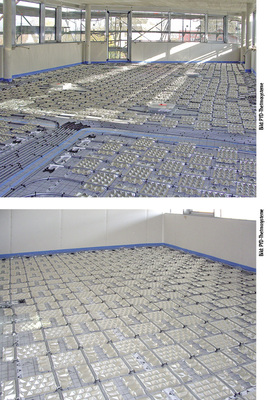 <p>
<span class="GVAbbildungszahl">2</span>
 Die Verlegung der PYD-Systeme in den Geschossen erfolgte auf der Rohdecke, oberhalb der Trittschalldämmung. Die Aluminium-Leitbleche werden im Verbund nach einem exakten Verlegeplan eingebaut. 
</p>