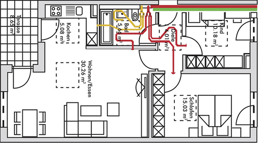 



3
 Planungsvorschlag „Neubau“. Das WL-Gerät ist innerhalb der Vorwandinstallation angeordnet; die Luftleitungen befinden sich in der abgehängten Decke. 
