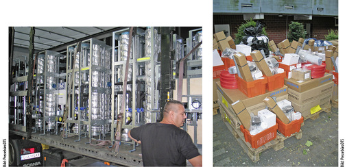 
3
 Pünktlichkeit ist Trumpf: Anlieferung der exakt auf Maß vorgefertigten Installationsregister. Genauso wichtig für einen reibungslosen Bauablauf ist die pünktliche Bereitstellung der vorkonfektionierten Pakete für die einzelnen Wohnungen durch den örtlichen Fachgroßhandel Pfeiffer & Mey. 
