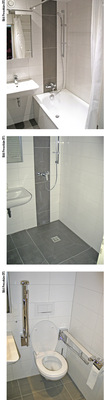 
6
 Neue Badezimmer mit Badewanne bzw. bodengleicher Dusche und ein WC mit Stütz-Klappgriff-Kombination in einem barrierefreien Bad. 
