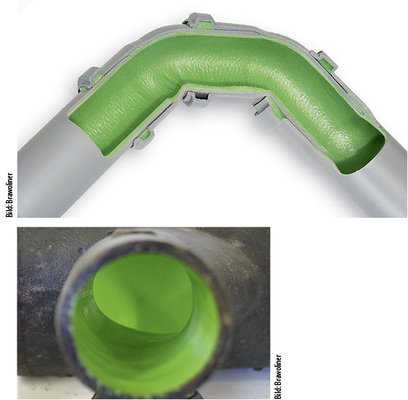 
6
 Ergebnisse bei der Sanierung von Abwasserleitungen in kleinen Nennweiten. Oben: Brawoliner HT in DN 50, unten: Spray-Liner in DN 50. 
