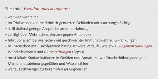 



3
 Pseudomonas aeruginosa wurde in der SHK-Branche dadurch bekannt, dass Tausende werkseitig kontaminierte Wasserzähler ausgetauscht werden mussten. Auch Druckerhöhungsanlagen sind immer wieder kontaminiert – eine große Gefahr, denn sie verteilen dieses Bakterium im Wasser und nachfolgend in alle Bereiche der Trinkwasser-Installation. Seit Juni 2017 gibt es von der Trinkwasserkommission eine neue Empfehlung zur Untersuchung von Trinkwasser auf Pseudomonas aeruginosa, Download auf 

www.umweltbundesamt.de

