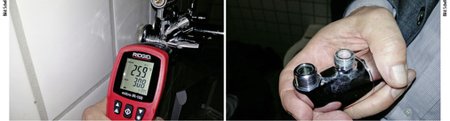 
7
 Mittels IR-Thermometer lässt sich vor Ort auch überprüfen, ob grundsätzliche mikrobiologische Risiken drohen. Im Beispiel kam es zu einer Überströmung von Warmwasser ins Kaltwasser, weil beim Eckventilthermostat der Rückflussverhinderer defekt war. Das Eckregulierventil war ohne Armaturennutzung ungewöhnlich warm, obwohl die Zirkulationsleitung ca. 90 cm angeschlossen entfernt war. 
