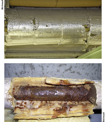 <p>
<span class="GVAbbildungszahl">14</span>
 Wenn die empfindliche Dampfbremse einer Mineralfaserdämmung beschädigt ist, kann Wasserdampf eindringen und die Dämmung durchfeuchten (oben). Korrosion unter der Dämmung als Folge einer feuchten Mineralfaserdämmung (unten).
</p> 
14
 Wenn die empfindliche Dampfbremse einer Mineralfaserdämmung beschädigt ist, kann Wasserdampf eindringen und die Dämmung durchfeuchten (oben). Korrosion unter der Dämmung als Folge einer feuchten Mineralfaserdämmung (unten).