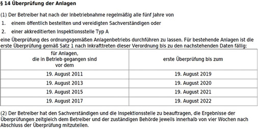 <p>
</p>

<p>
<span class="GVAbbildungszahl">2</span>
 Auszug: § 14 „Überprüfung der Anlagen“ in der 42. BImSchV. 
</p> - © Bundesministerium der Justiz und für Verbraucherschutz / juris GmbH

