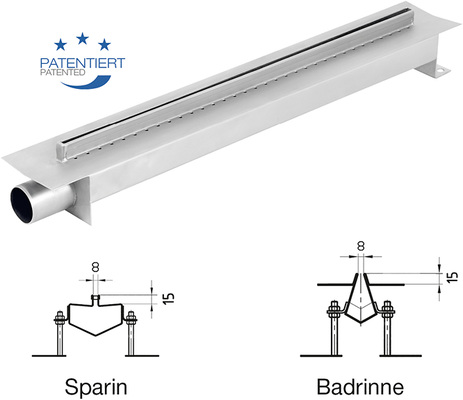 <p>
</p>

<p>
<span class="GVAbbildungszahl">4</span>
 Die europaweit patentierte Badrinne SPArin besteht aus rostfreiem Edelstahl. Gegenüber einer einfachen Badschlitzrinne fasst sie das dreifache Volumen an Wasser. Durch die Perforierung im Flanschbereich wird Sickerwasser, das sich auf der Dünnbettabdichtung befindet, sicher in das Rinnensystem abgeführt. Zur Reinigung bietet Aschl eine spezielle Reinigungsdüse mit Gleitschuh, Spritzschutz und Adapter zum Anschluss von Hochdruckreinigern an. 
</p> - © Aschl GmbH, Pichl bei Wels

