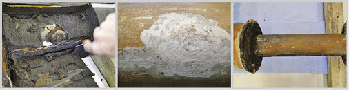 
4
 Die bewusst ausgelöste Korrosion im Fall A zeigt sich nur im Bereich der Bohrlöcher (Detailaufnahme). Alle anderen Bereiche der Leitung, beispielsweise die komplette Unterseite des Rohrs (rechts), zeigen dagegen keine Spuren von Korrosion. Hier hat die Armaflex-Dämmung eine Ausbreitung der Korrosion wirkungsvoll verhindert. 



