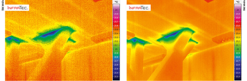 
5
 Je besser die Thermische Auflösung (NETD) ist, desto geringer ist die Gefahr des die Bildqualität beeinträchtigenden „Bildrauschens“; links 0,05 K, rechts 0,03 K. 

