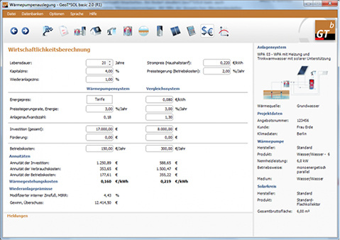 



7
 Zu den wichtigsten Ergebniswerten zählen die Jahresarbeitszahl, die Nutzenergie, der Stromverbrauch, Verluste, Betriebskosten und Wirtschaftlichkeit. 
