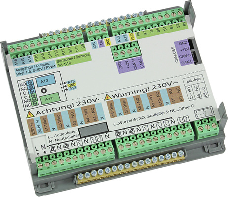 <p>
</p>

<p>
<span class="GVAbbildungszahl">3</span>
 Klemmplatte des Universalreglers UVR16x2. Meist ist der Ersatz eines defekten Originalreglers durch einen Universalregler günstiger als ein baugleicher Regler oder ein passenden Nachfolger. Zudem bietet er die Möglichkeit, neue Funktionen zu nutzen. Da die Wärmeverteilregelung kein sicherheitsrelevantes Bauteil ist, kann die „Bauartzulassung“ durch den Austausch nicht erlöschen. 
</p> - © Technische Alternative RT

